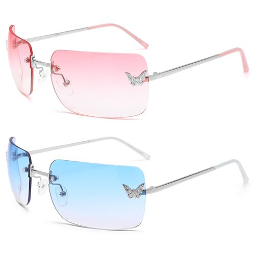 LIU·WEN Rectangle Y2k Sunglasses for Women - Trendy Rimless 2000S Fashion Shades Butterfly(Gradient Pink + Gradient Blue) | Amazon (US)