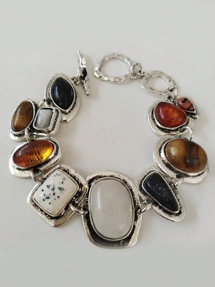 1Pc New ZA Bohemian Vintage Bracelets Women Fashion Golden Metal Hollow Link Charm Resin Statement Bracelets ﻿(Random Resin Color) | SHEIN