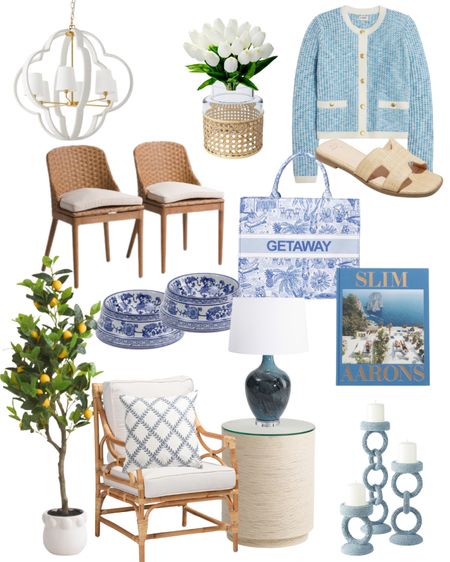 Spring fines, blue and white tote, blue lady jacket, sweater, faux tulips, Serena and Lily chandelier slim Aaron book candlesticks for tan table lamp for tan chair, bamboo pillow. Chinoiserie dog bowls chinoiserie pet bowls, Rattan chairs, outdoor chairs, woven chairs.

#LTKSpringSale #LTKhome