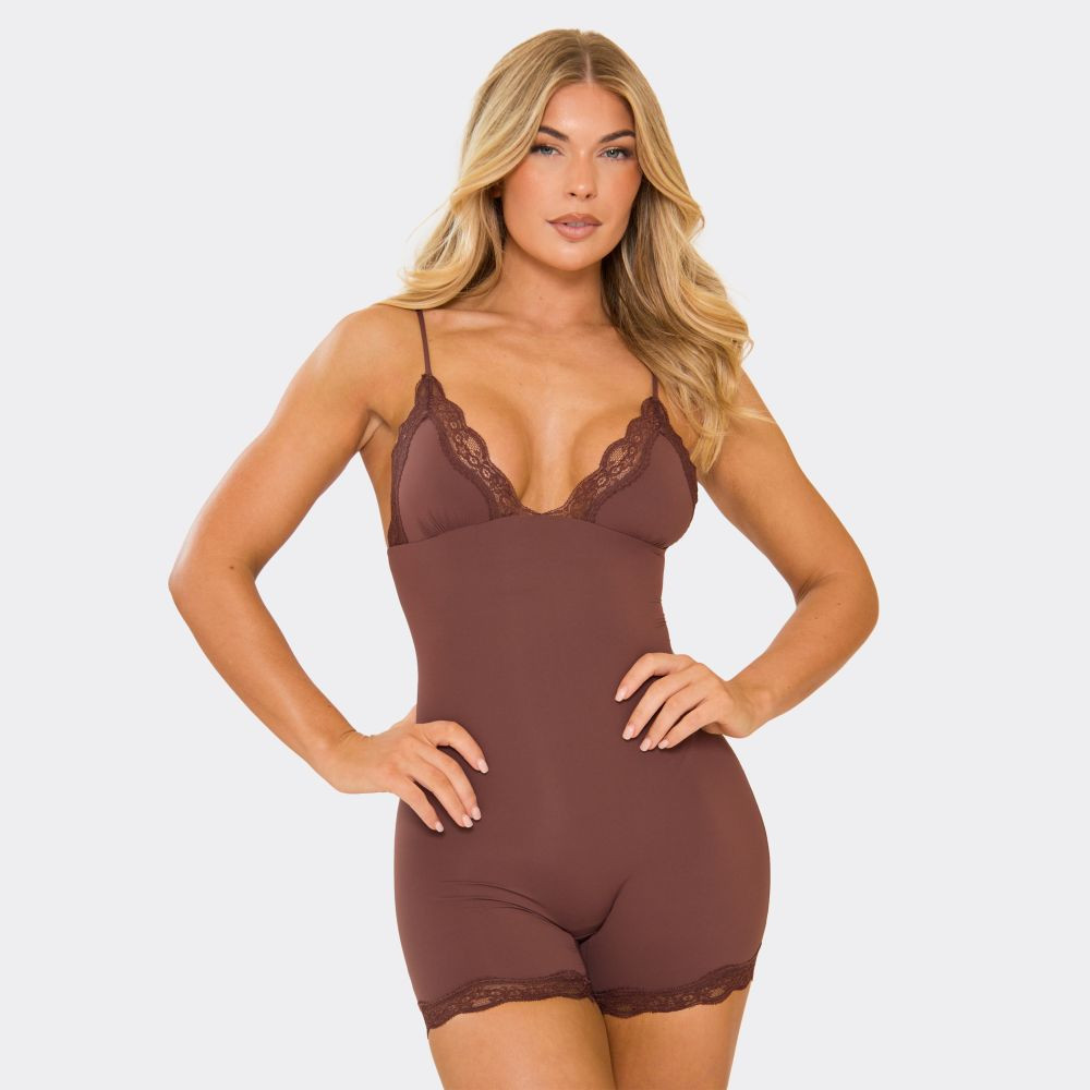 Strappy Plunge Lace Trim Romper In Chocolate Brown | EGO (UK)