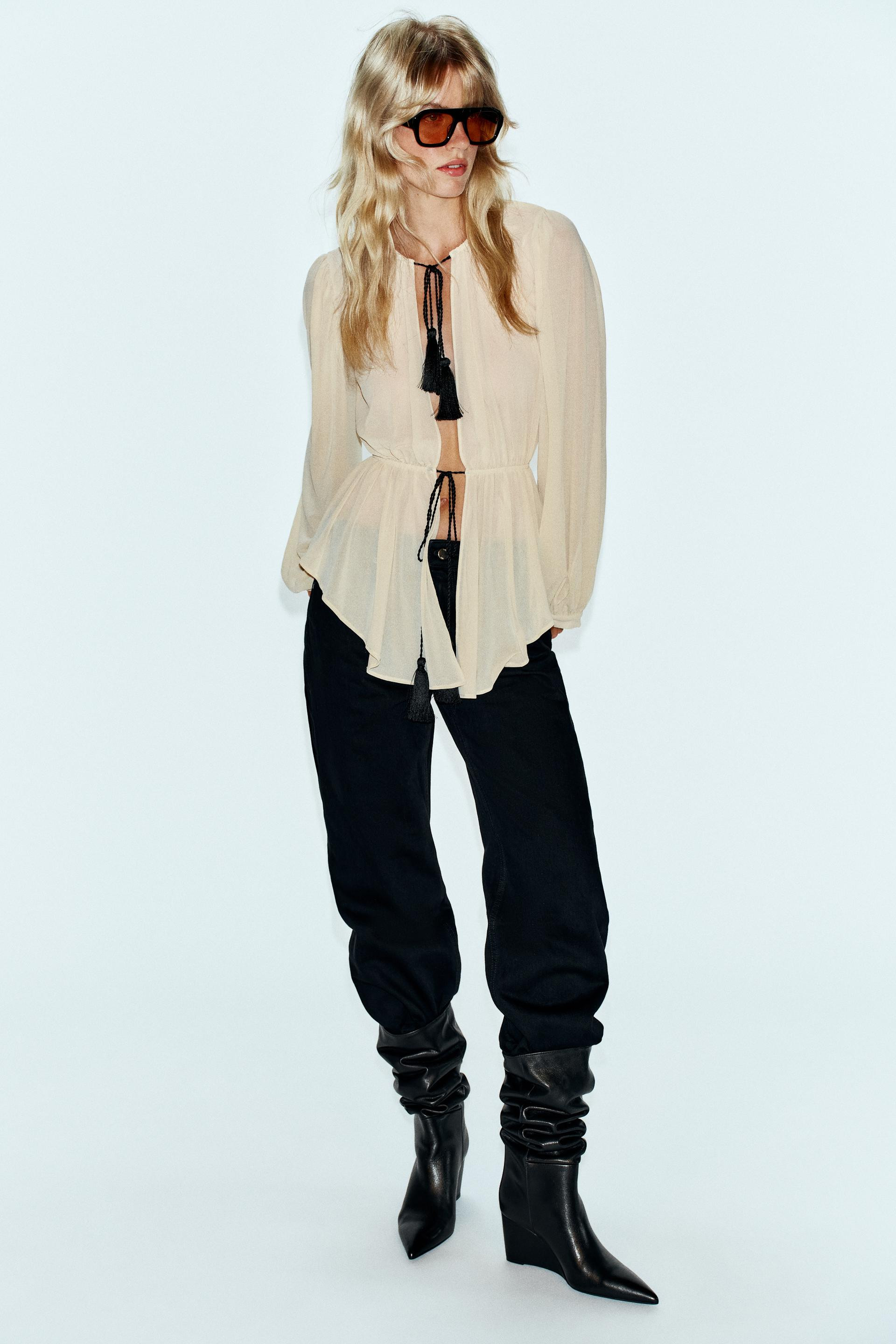Zara - Pom-Pom Romantic Blouse - Ecru - S - Woman | Zara US