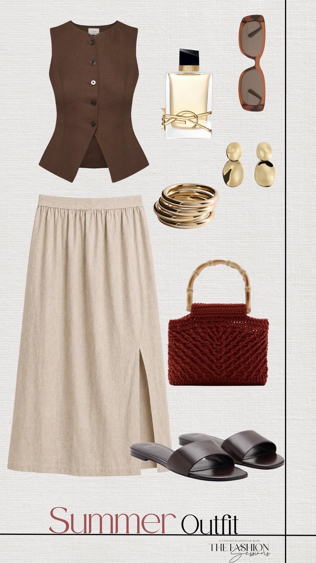 Summer Outfit | Linen Vest Top | Linen Skirt | Brown Sandals | Red Woven Bag | Gold Jewelry

#LTKootd #LTKSeasonal