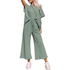 SHEWIN Women's 2 Piece Outfits Sweatsuit Casual Short Sleeve Pullover Tops and Drawstring Wide Le... | Amazon (US)