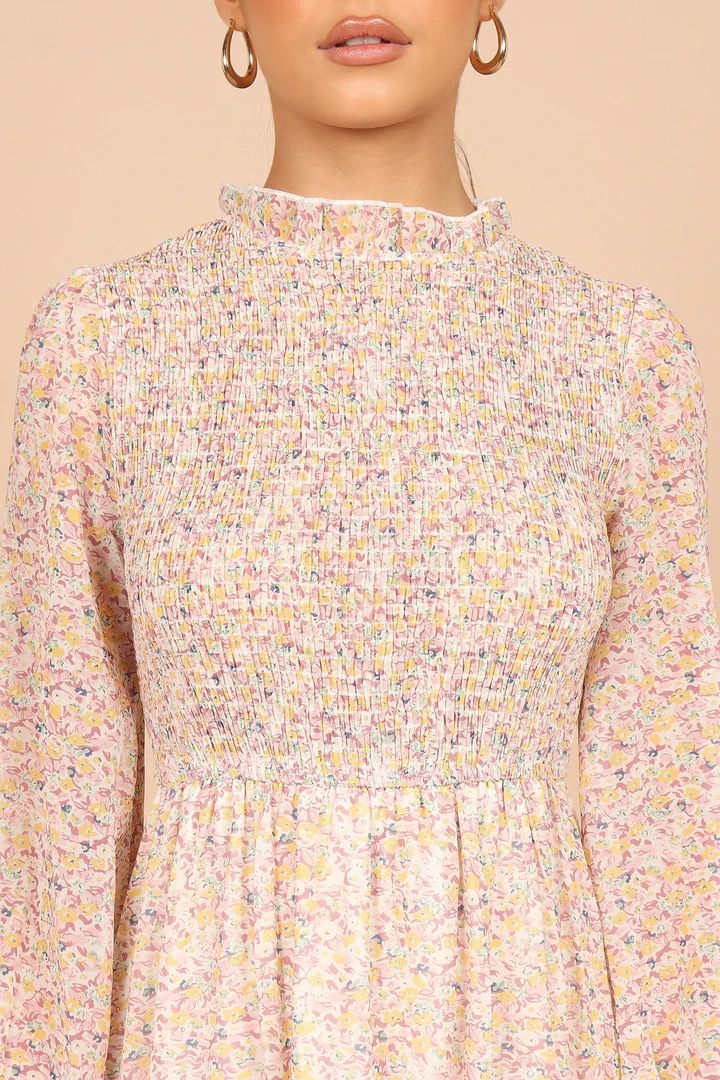 Edwina Shirred Frill Long Sleeve Midi Dress - Rose Floral | Petal & Pup (US)