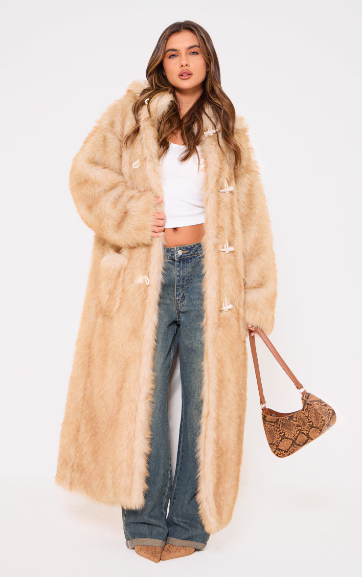 Natural Ombre Tip Hooded Faux Fur Maxi Coat | PrettyLittleThing UK
