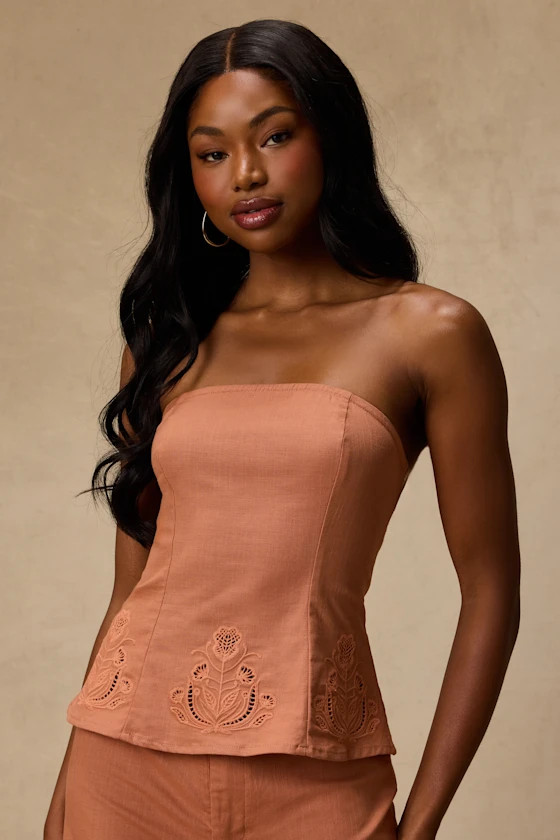 Tristen Terracotta Embroidered Strapless Top | Lulus