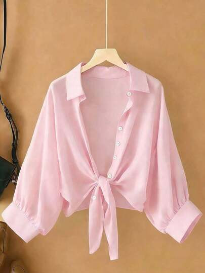 New Bat Wing Cropped Casual Chiffon Women Solid Color Shirt | SHEIN