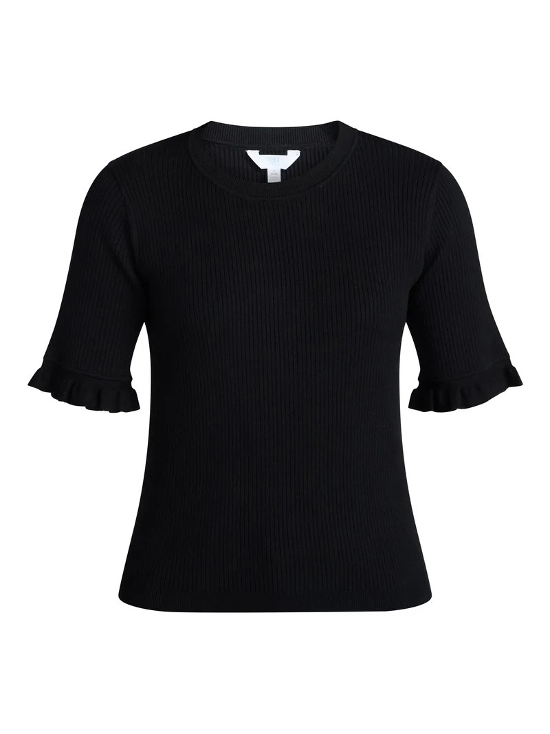 Time and Tru Women's Ribbed Sweater with Flounce Sleeves, Midweight, Sizes XS-XXXL | Walmart (US)