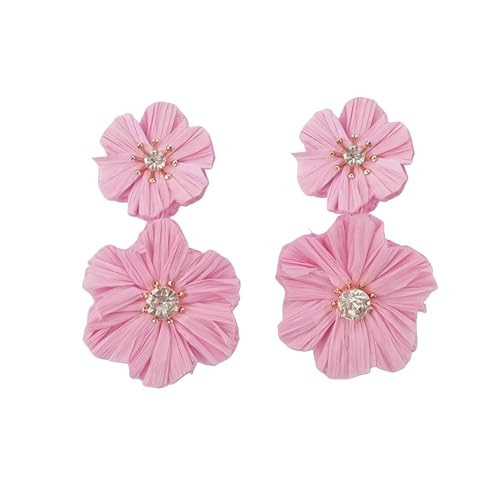 Flower Drop Dangle Earrings for Women - Raffia Flower Statement Earrings Handmade Earrings Bohemian Jewelry Gift for Women (Pink Flower) | Amazon (US)