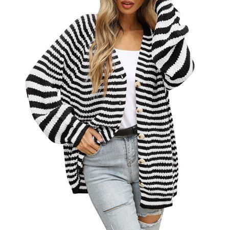 SALEZONE Womens Knit Chunky Cardigan Striped Open Front Sweater | Walmart (US)