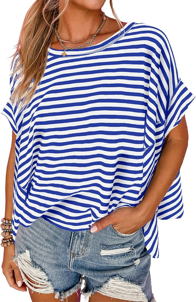 Tankaneo Womens Oversized Striped Tshirts Irregular Hem Batwing Short Sleeve Tops Summer Casual R... | Amazon (US)