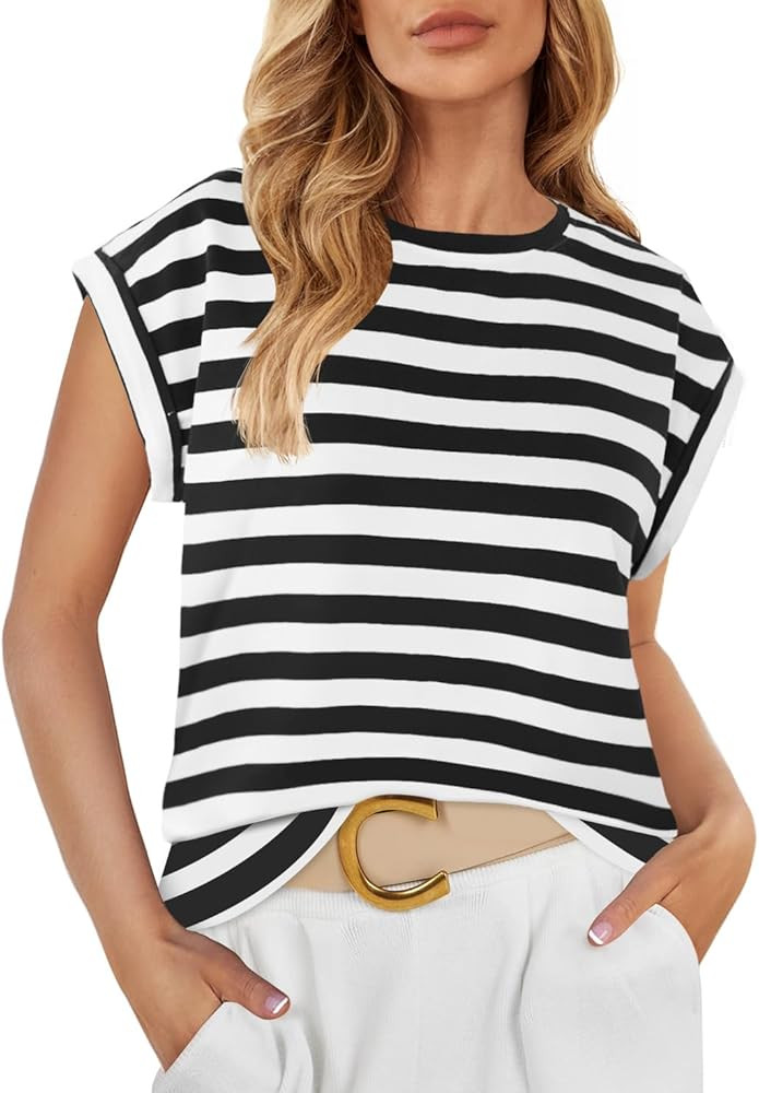 ZESICA Womens Summer Cap Sleeve Crewneck Tops Casual Loose Striped T-Shirts Basic Tees | Amazon (US)