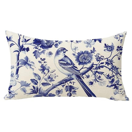 Fjfz Vintage Floral Bird Lumbar Decorative Throw Pillow Cover 12 x 20, Rectangular Retro Blue and White Porcelain Flower Outdoor Home Decor, Spring Summer Farmhouse Sofa Couch Cushion Case | Amazon (US)