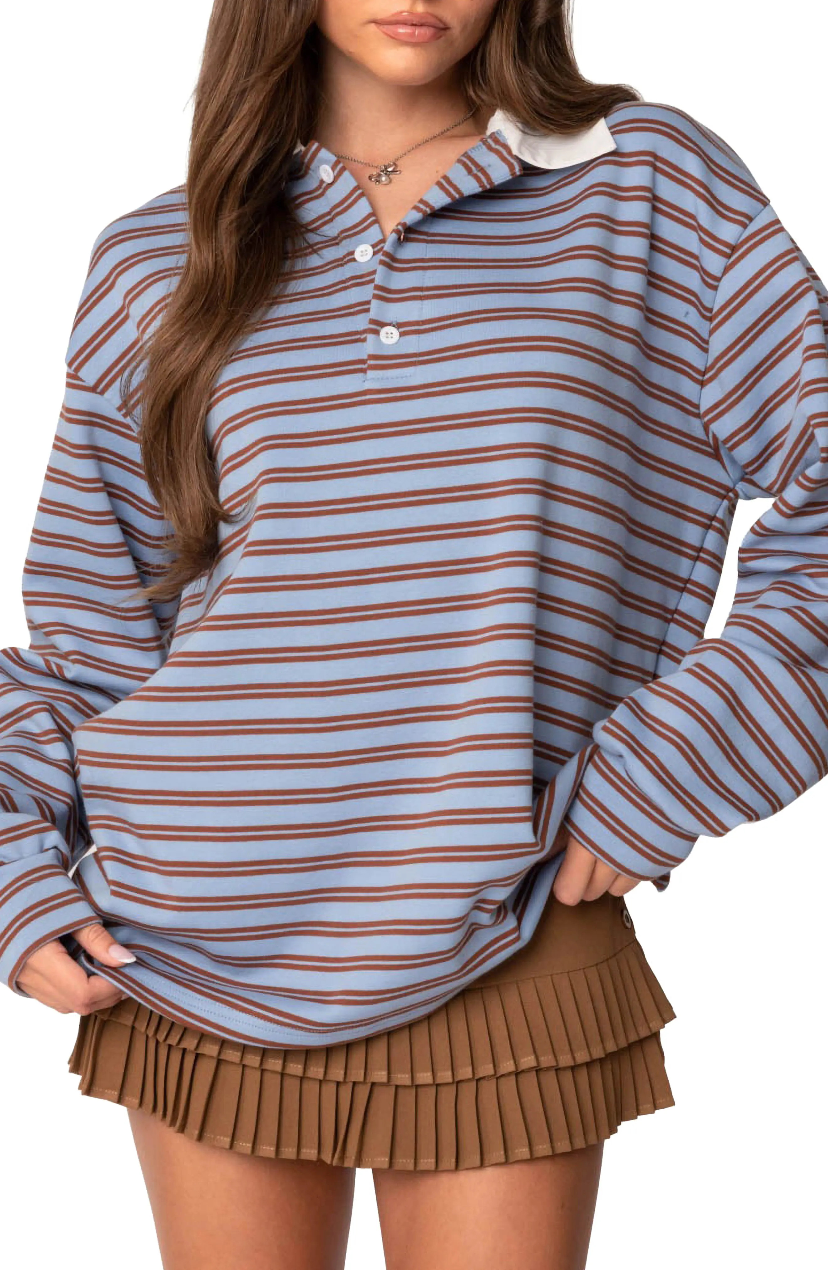 EDIKTED Stripe Long Sleeve Oversize Polo (Women) | Nordstrom | Nordstrom