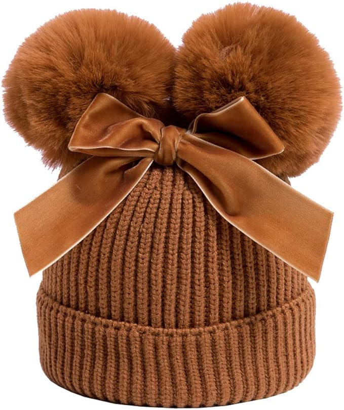 YATEEN Infant Toddler Baby Knitting Woolen Hat Winter Warm Double Pompom Beanie Cap with Bow | Amazon (US)