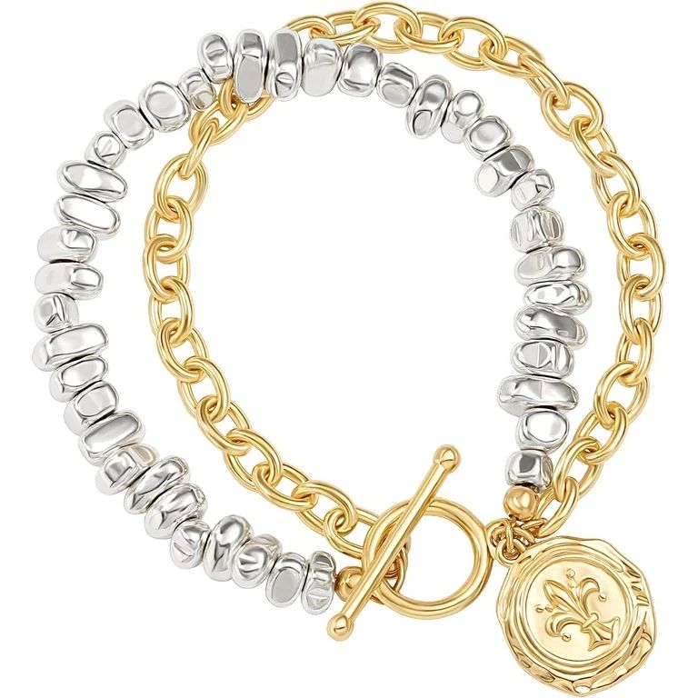 Two Tone Layered Bracelets for Women - Gold and Silver Mixed Metal Jewelry, Chunky Statement Coin... | Walmart (US)