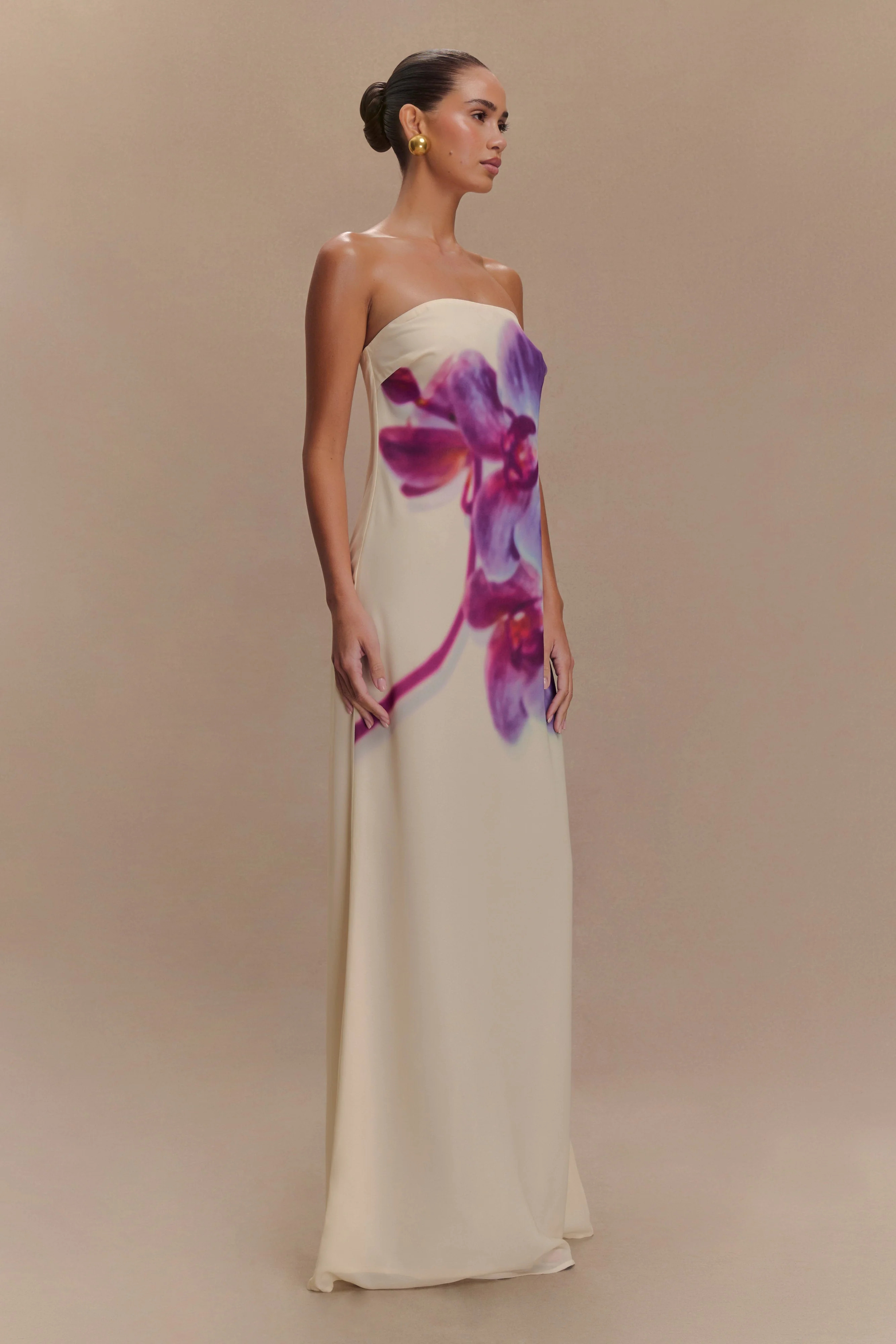 Amaya Strapless Chiffon Maxi Dress - Ivory Koi Orchid Print | Meshki (APAC)