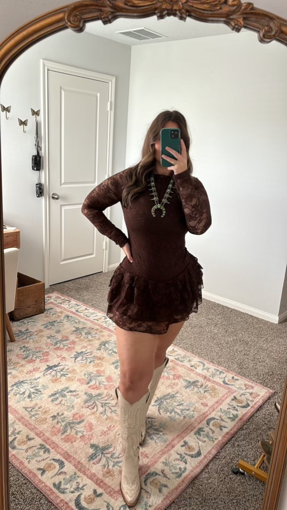the perfect western chic wedding guest dress. size medium! all linked items are exact.

#LTKWedding #LTKootd #LTKMidsize

western style, western fashion, cowgirl chic, chocolate brown, lace, mini dress, cowgirl boots 