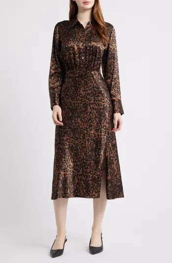 Rails Jazlyn Leopard Long Sleeve Satin Midi Shirtdress in Ginger Spotted at Nordstrom Rack, Size Large | Nordstrom Rack