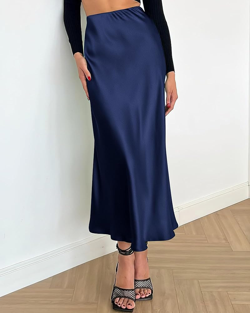 BTFBM 2024 Women Long Satin Summer Spring Skirt Silk Elegant High Waist Cocktail Party Wedding Flared A-Line Midi Skirts | Amazon (US)
