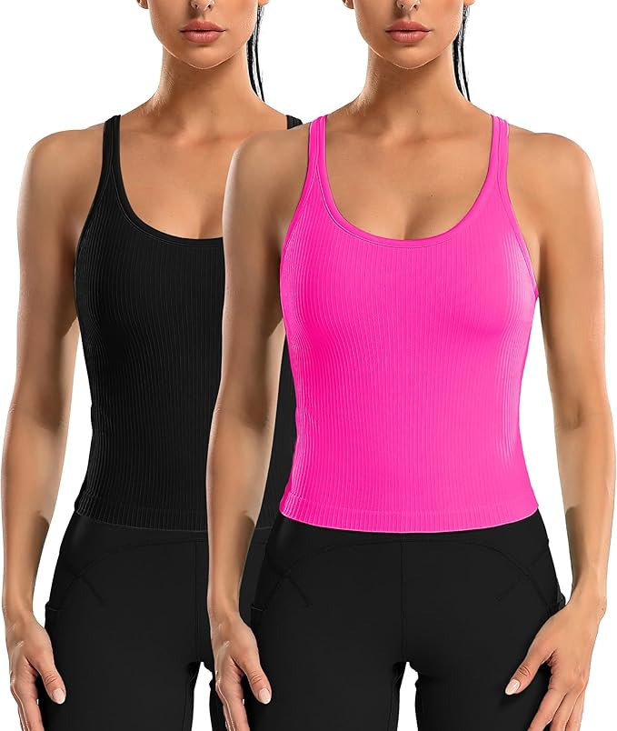 ATTRACO 2 Pack Ribbed Workout Tank Top with Built in Bra Women Seamless Cropped Racerback Yoga To... | Amazon (US)