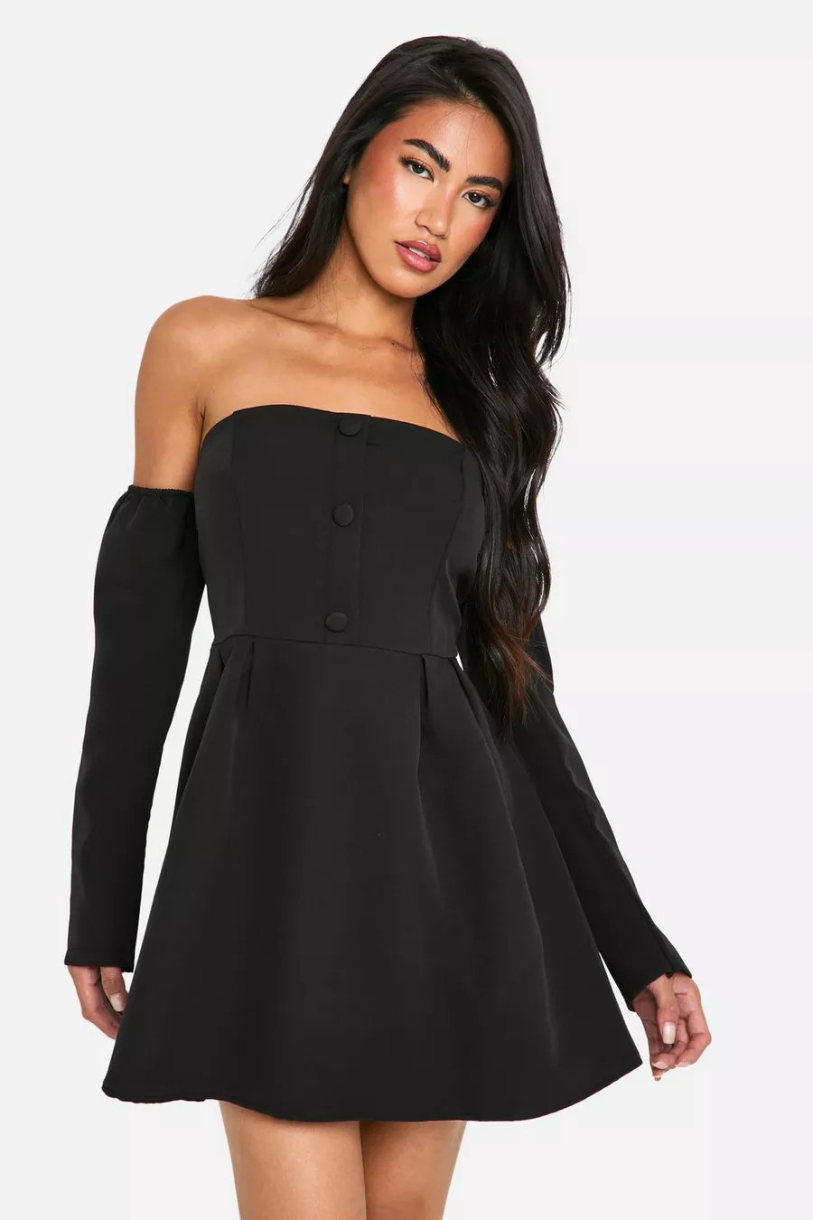 A-Line Bardot Long Sleeve Mini Dress | Boohoo.com (UK & IE)
