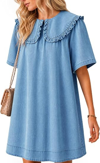 Wenrine Womens Summer Denim Mini Dress Oversized Peter Pan Collar Short Sleeve Casual Flowy Babyd... | Amazon (US)