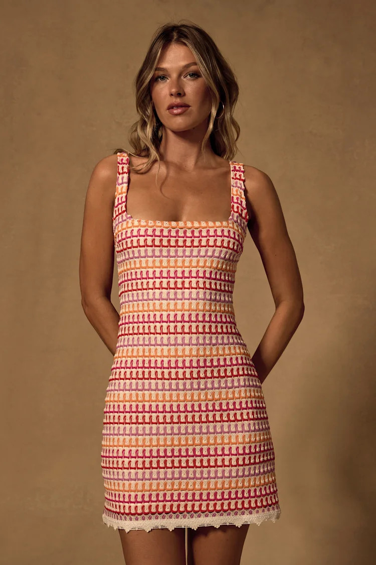Alianora Red and Cream Crochet Mini Dress | Lulus