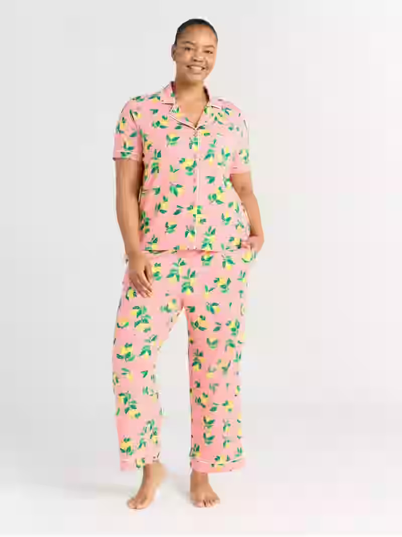 Joyspun Women's Notch Collar Short Sleeve Knit Top & Capri Pajama Set, 2-Piece, Sizes XS-3X | Walmart (US)