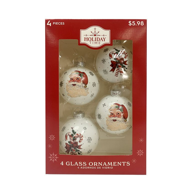 Holiday Time Christmas 65mm Vintage Santa and Candy Cane Glass Ball Hanging Ornament, 4-Piece Box | Walmart (US)