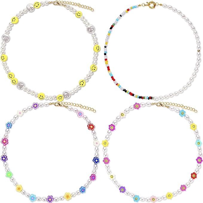 4 Pieces Pearl Beaded Necklace Beaded Choker Pearl Choker Necklaces for Women Necklace Y2k Smiley... | Amazon (US)