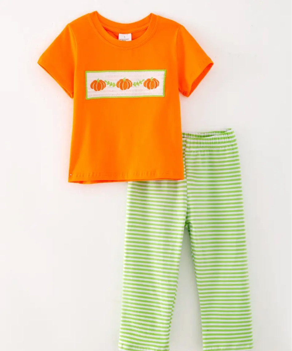 Boys Fall Winter Halloween Solid Color Cotton Pumpkin Embroidered Smock Top, Cotton Striped Pants Set

#LTKSeasonal #LTKKids #LTKBaby