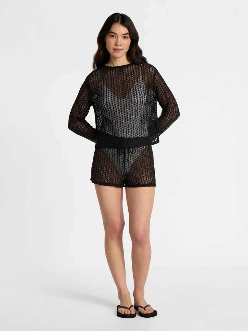 No Boundaries High-Low Crochet Swim Coverup with Long Sleeves, Women's | Walmart (US)