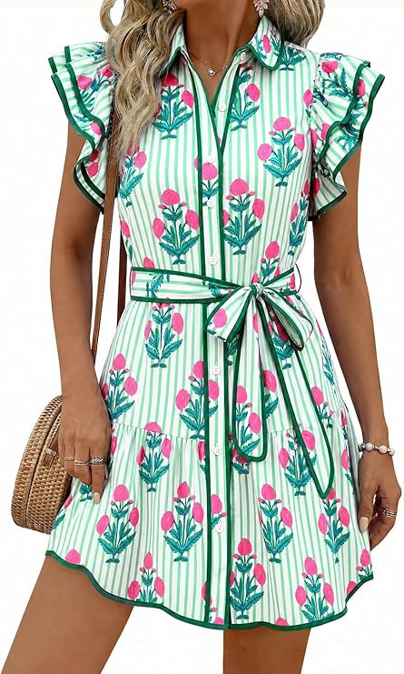 Wenrine Womens Summer Button Down Shirt Dress Casual Collar V Neck Floral Ruffle Sleeve Boho Beac... | Amazon (US)