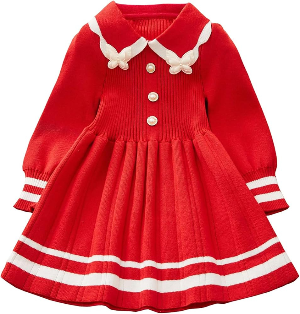 Girls Knit Sweater Dress Long Sleeve Lapel Winter Sweater Dress Size 12M-5T | Amazon (US)
