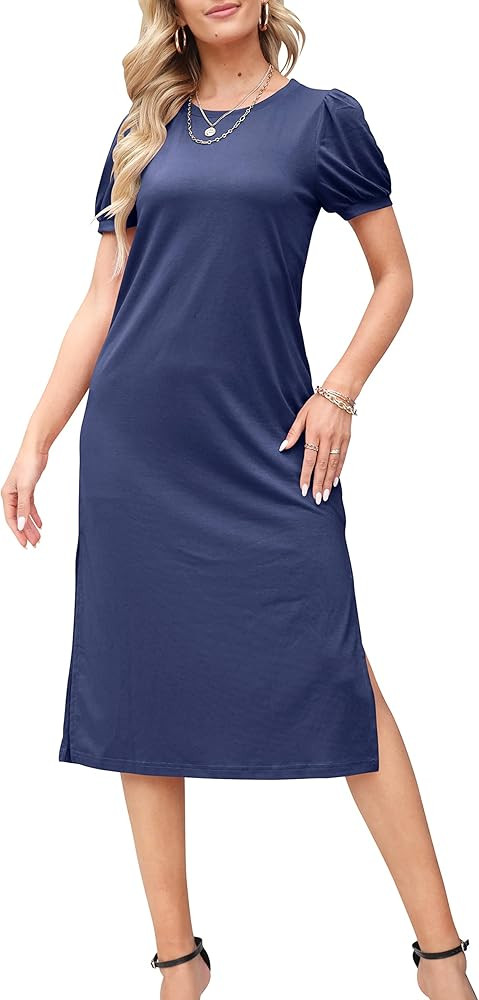 ANRABESS Women's Summer Casual Crewneck Puff Short Sleeve T Shirt Splits Shift Midi Dress | Amazon (US)
