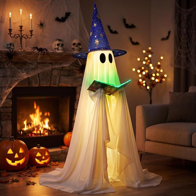 Halloween Ghost Decoration,53 inch,with Witch Hat and Book,8 Lighting Modes | Standing Reading Gh... | Amazon (US)