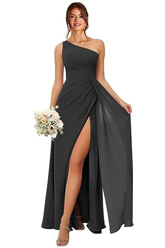 Koendye Women's Black Bridesmaid Dresses 2024 for Wedding A Line One Shoulder Chiffon Bridemaids Dress with Slit for Juniors 8 | Amazon (US)