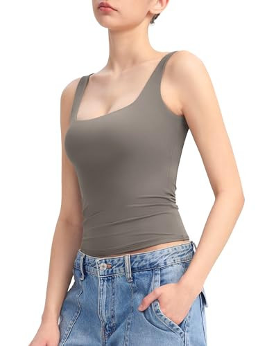 PUMIEY Tank Top for Women Square Neck Sleeveless Double Lined Summer Tops, Elephant Grey Large | Amazon (US)