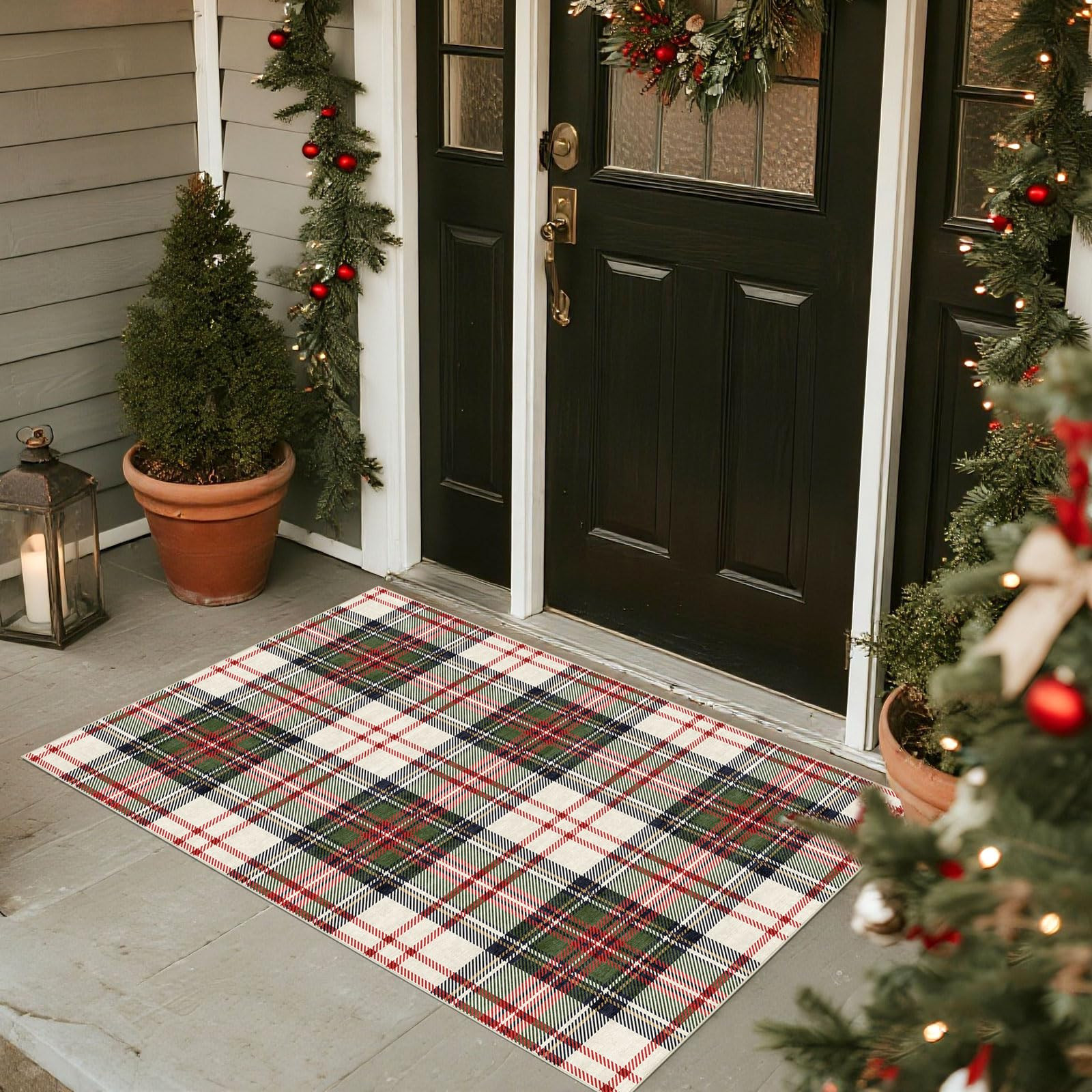 Christmas Plaid Outdoor Rug - 28" x 43" Front Door Mat Outside Entrance Non-Slip Washable Holiday... | Amazon (US)