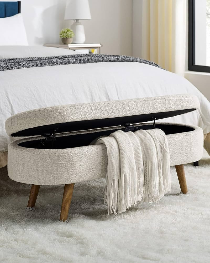 Oval Storage Bench 43.5" Linen Fabric Upholstered Entryway Bench with Solid Wood Legs Ottoman Ben... | Amazon (US)
