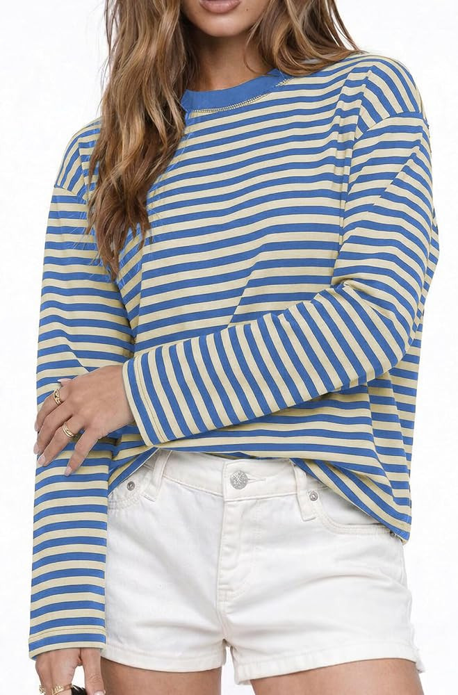 CHYRII Womens Oversized Striped Long Sleeve T Shirt Casual Fall Tops | Amazon (US)