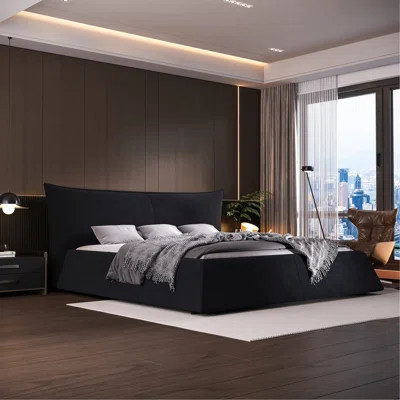 King Size Upholstered Platform Bed With Special Shaped Velvet Headboard, Metal & Solid Wood Frame,Black | Wayfair North America