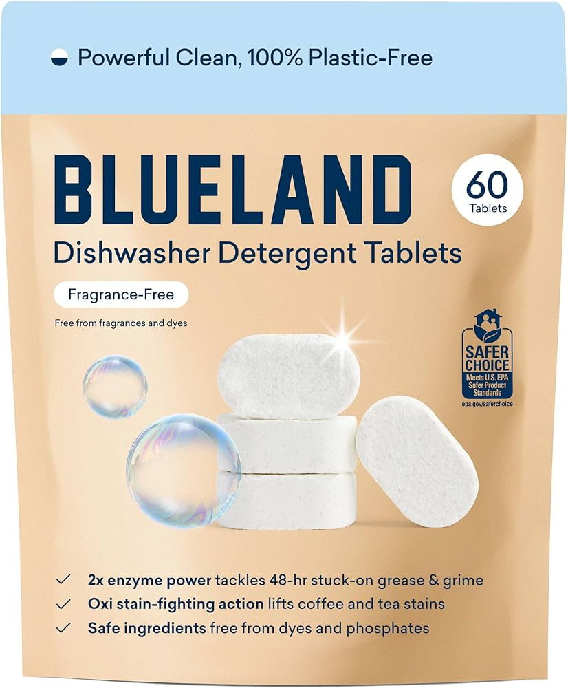 BLUELAND 100% Plastic-Free Dishwasher Detergent Tablets, 60 Count, Unscented Eco Friendly Dishwas... | Amazon (US)