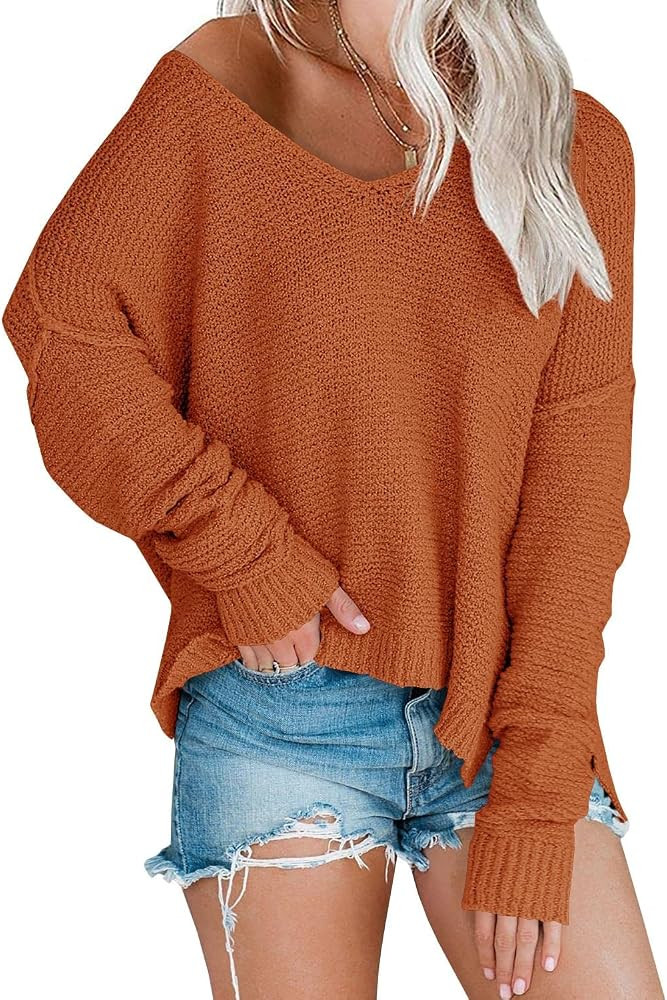 Women’s Off Shoulder Knit Sweaters Oversized V Neck Long Sleeve Loose Lightweight Pullover Tops | Amazon (US)