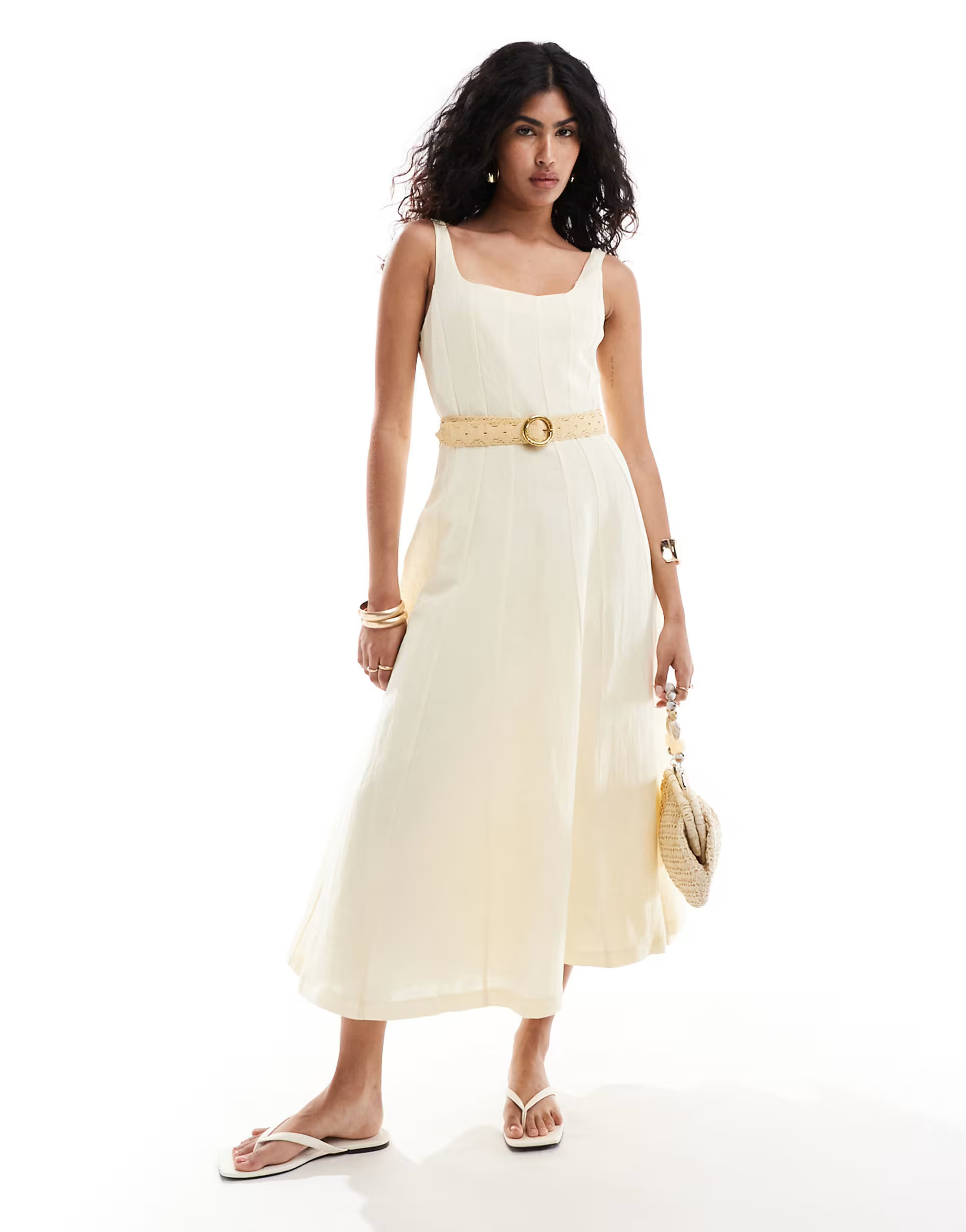 Mango Selection linen mix seamed midi dress in cream | ASOS (Global)
