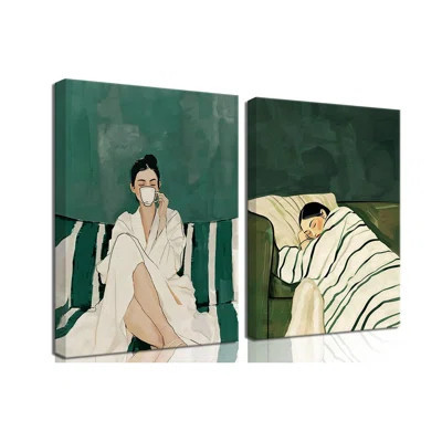 Emerald Green Canvas Wall Art Set Of 3, Abstract Green Woman Wall Decor Paintings, Stripe Girl Coffee On Couch Posters Prints Picture For Living Room | Wayfair North America