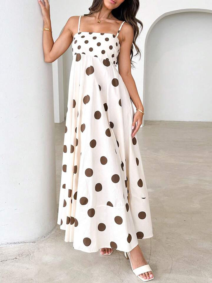 2025 Women Long Cami Dress Stripe/Dot Print Spaghetti Strap Backless A-Line Flowy Dress | SHEIN