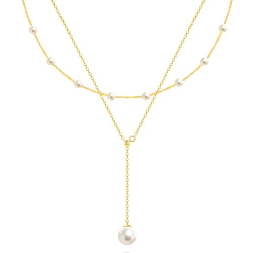 OGD Pearl Necklaces for Women Trendy 14K Gold Plated Dainty Pearls Satellite Choker Strand Handmade Delicate Wedding Pearl Gold Lariat Pendant Long Necklace Simple Cute Jewelry Gifts for Women | Amazon (US)