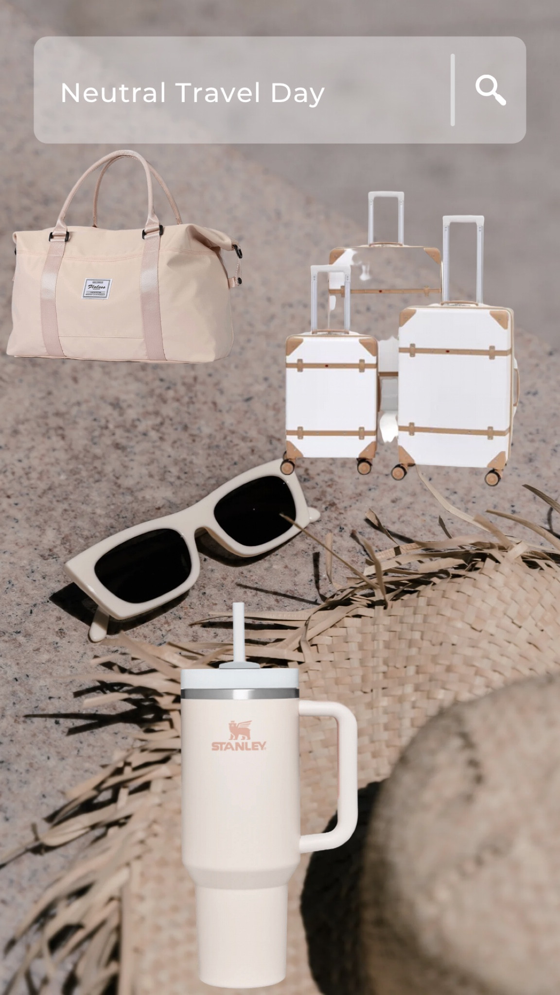 Travel Day Neutrals! Weekender Duffel Bag, Rose Quartz Stanley 40 Oz Thirst Quencher Travel Cup with Handle and Straw, and a three piece rolling suitcase set

#LTKunder50 #LTKtravel #LTKsalealert